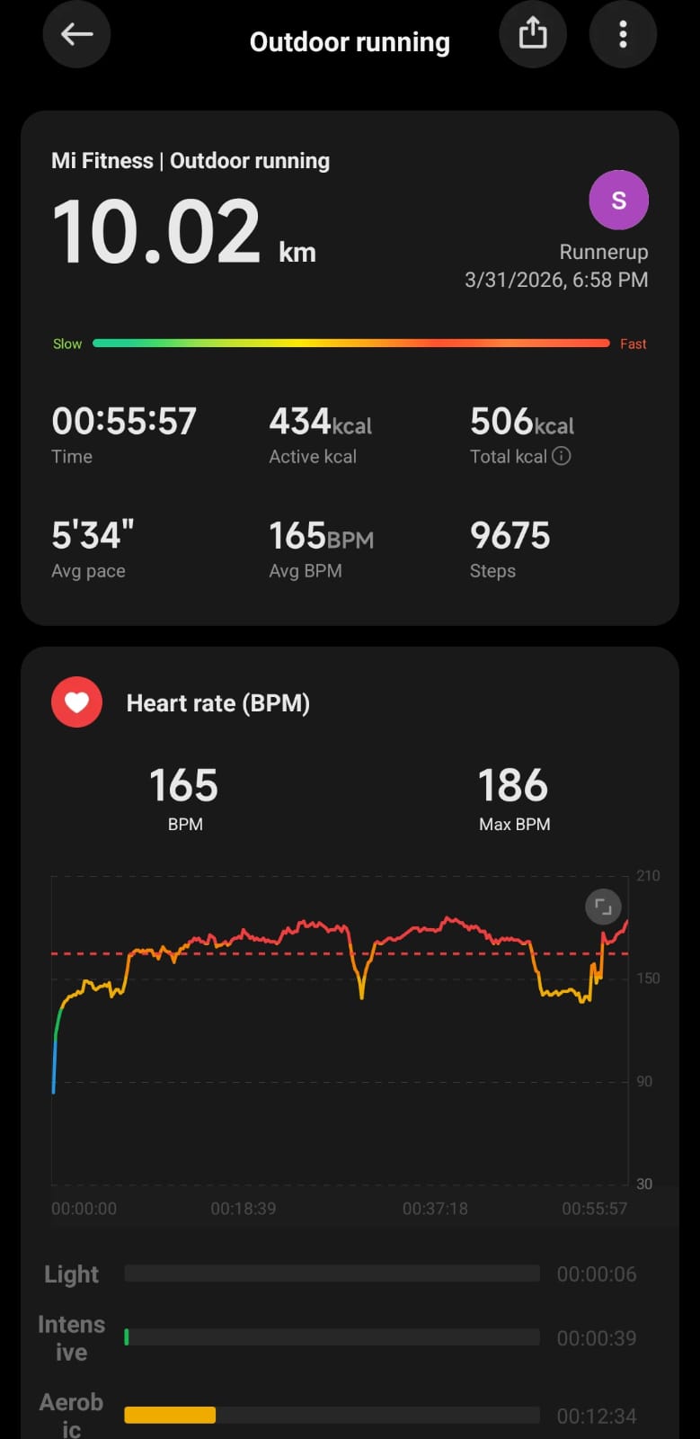 러닝 기록 캡처 (10.02km, 55:57)